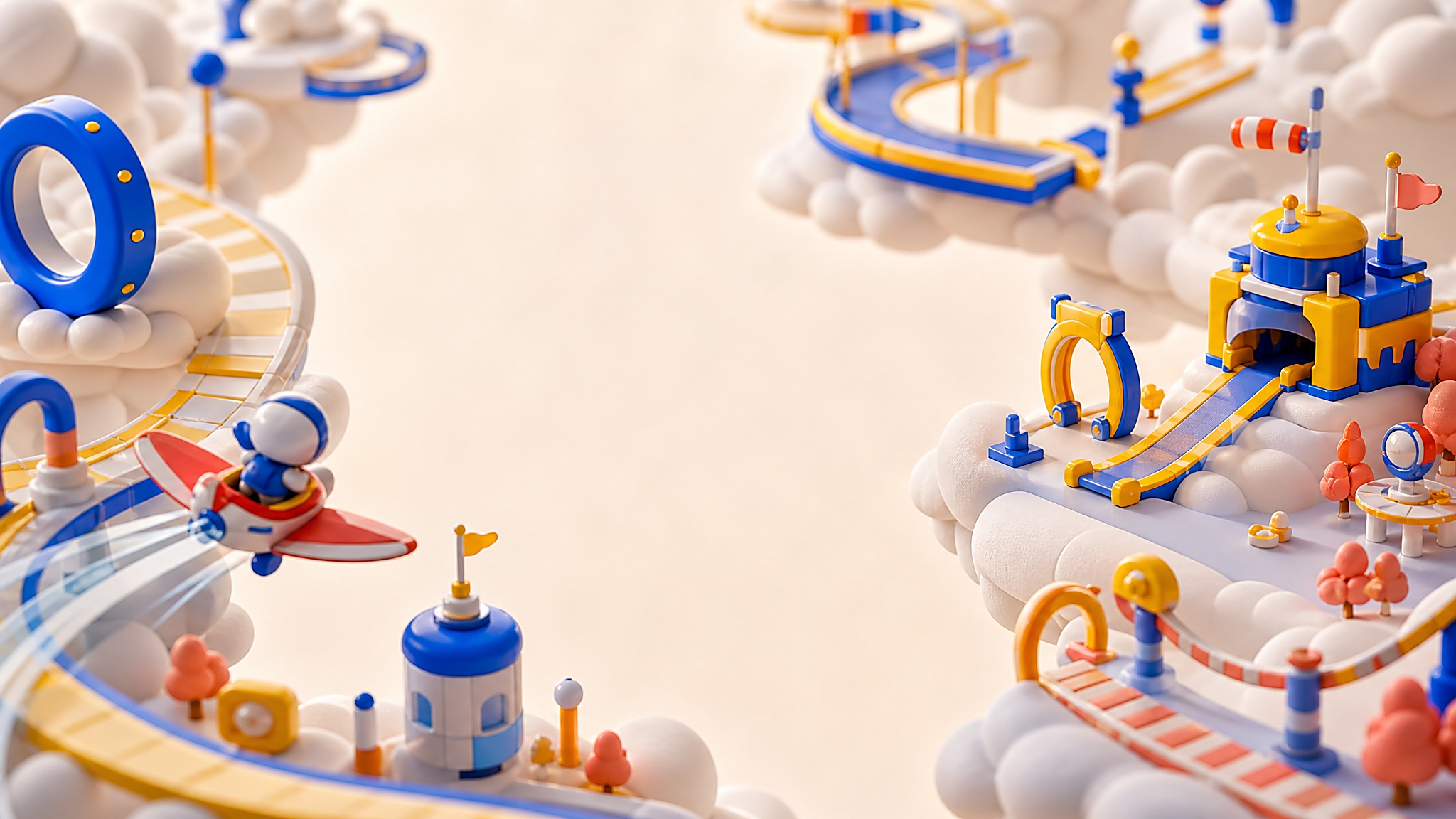 Futuristic racing track floating in a bright sky