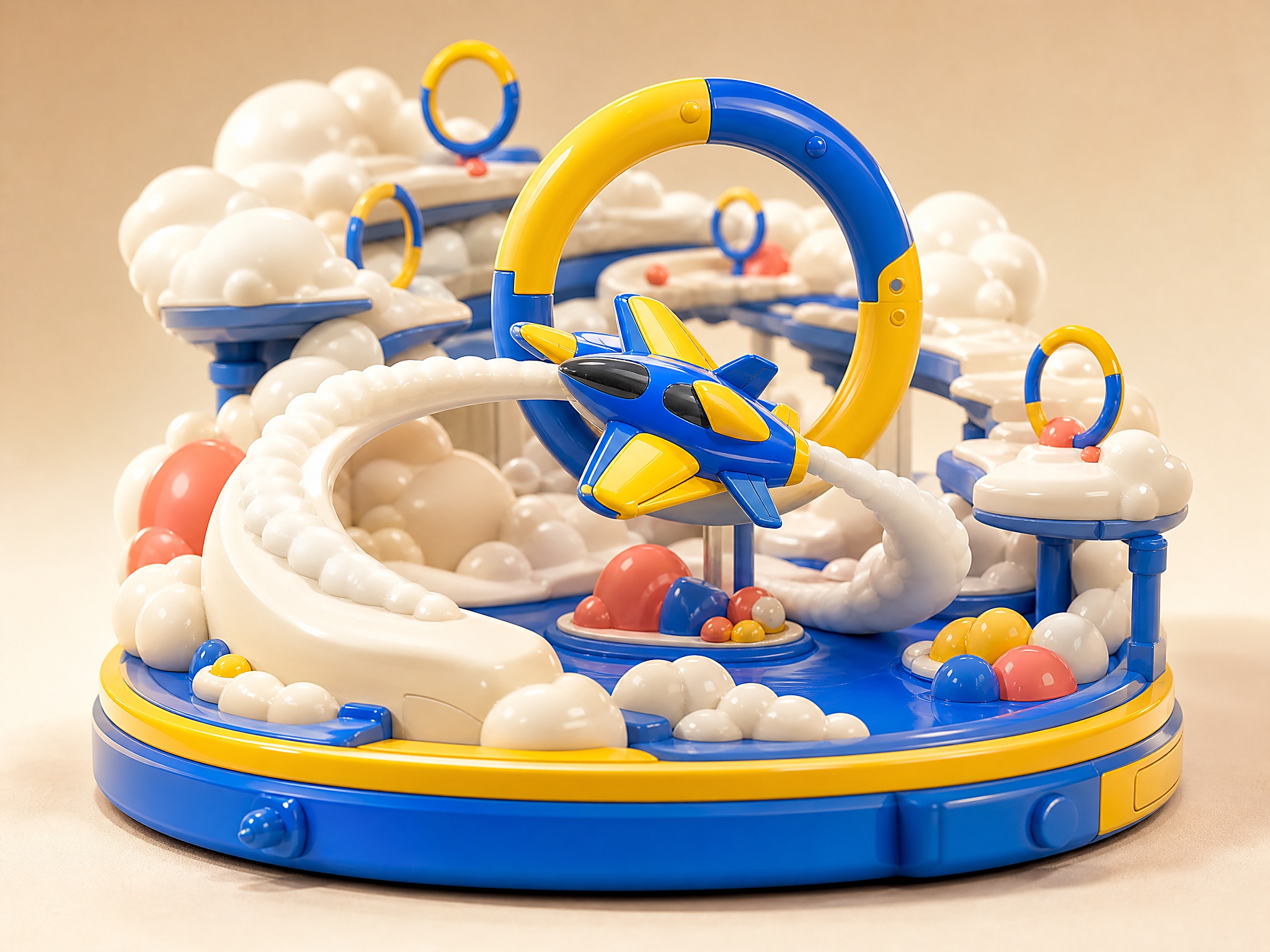 Curving sky racetrack with electric blue lanes