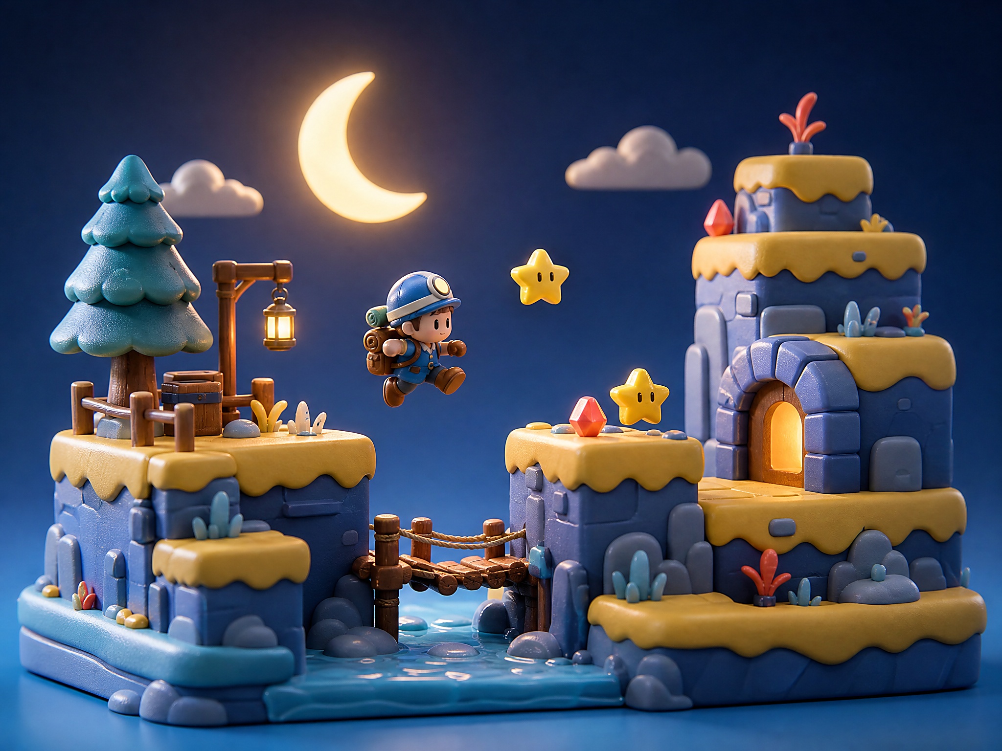 Moonlit mountain platform stage with a side-scrolling hero