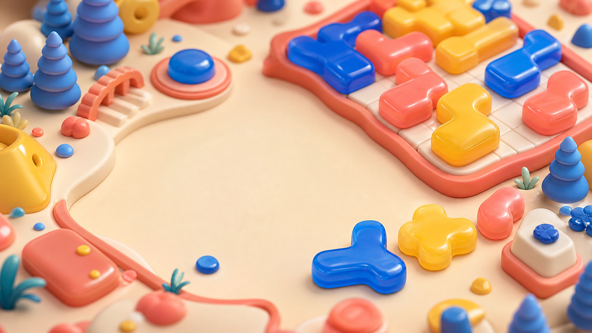 Top-down colorful puzzle board with squishy blocks