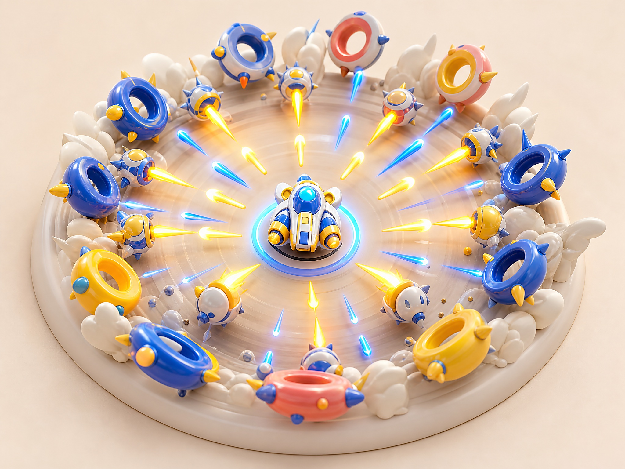 Radial neon shooter scene representing Radius Raid