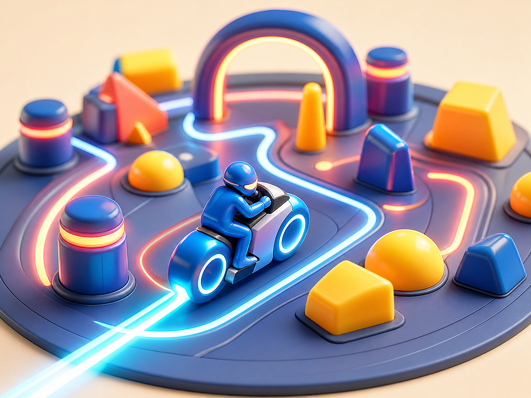 Neon arcade racer with blue rails and yellow light trails