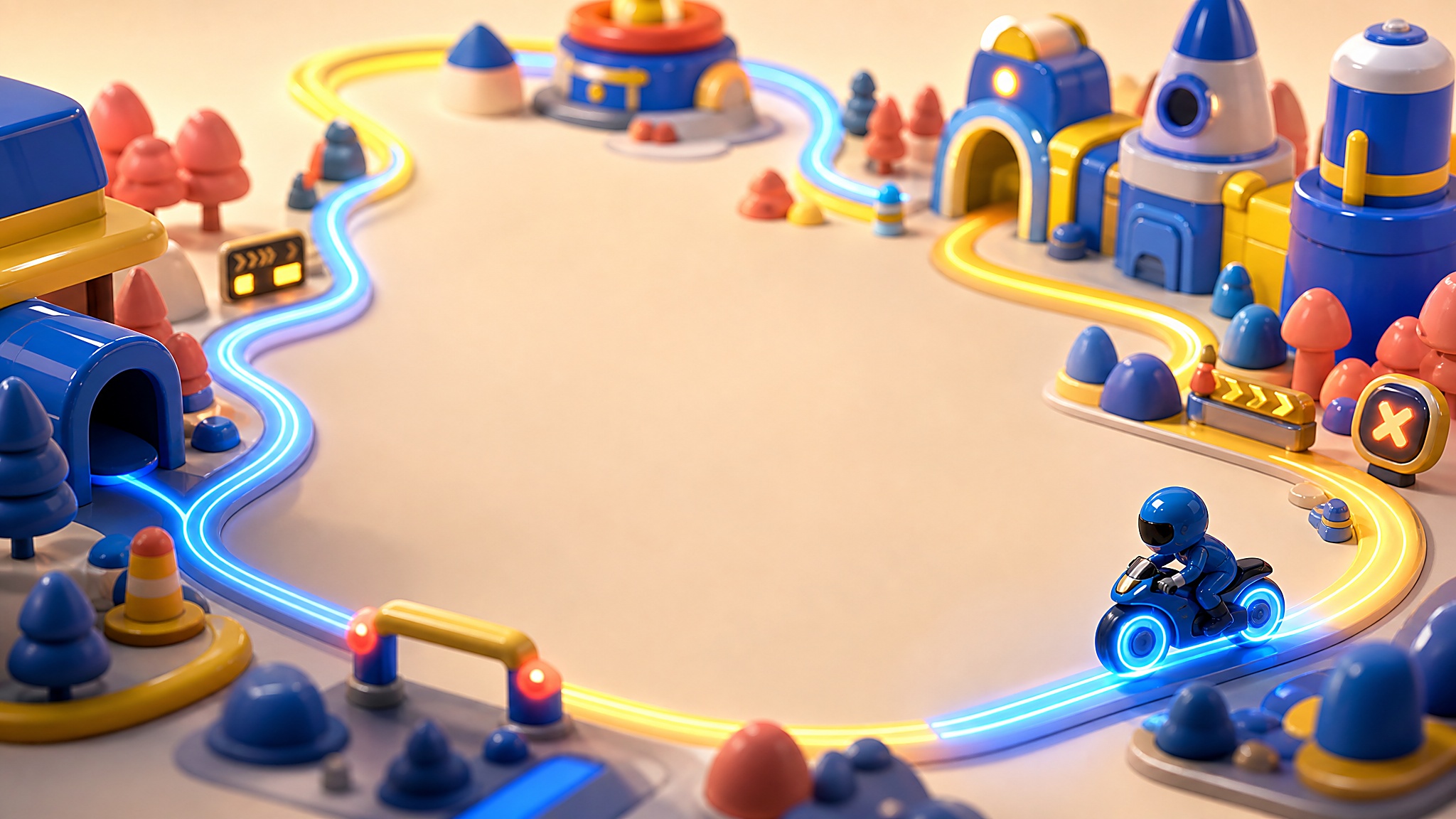 Curving sky racetrack with electric blue lanes