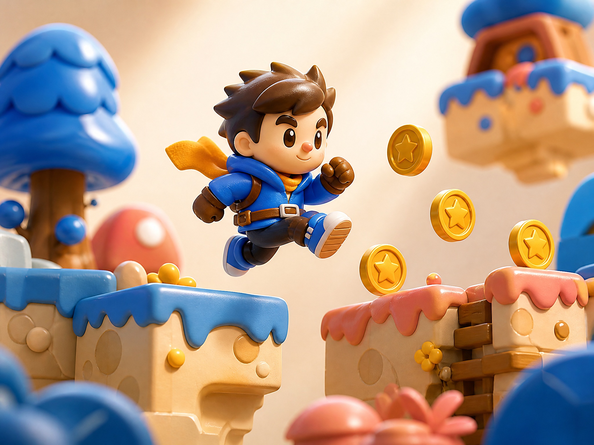 Minimal platform game scene with blocks and treasure